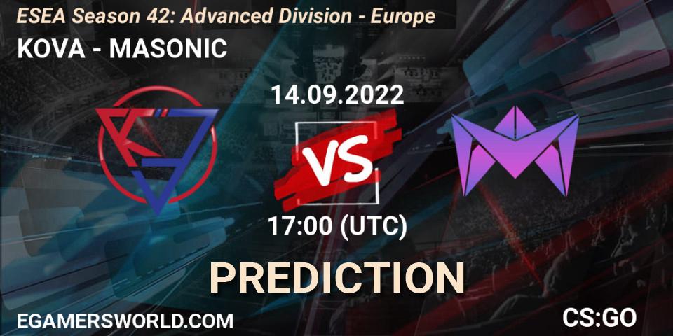 KOVA - MASONIC: ennuste. 14.09.22, CS2 (CS:GO), ESEA Season 42: Advanced Division - Europe