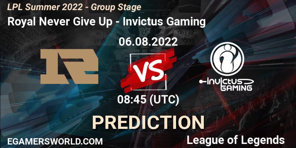 Royal Never Give Up - Invictus Gaming: ennuste. 06.08.2022 at 09:00, LoL, LPL Summer 2022 - Group Stage