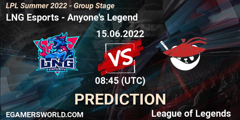 LNG Esports - Anyone's Legend: ennuste. 15.06.2022 at 09:00, LoL, LPL Summer 2022 - Group Stage