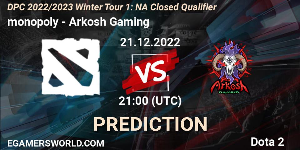 monopoly - Arkosh Gaming: ennuste. 21.12.2022 at 21:00, Dota 2, DPC 2022/2023 Winter Tour 1: NA Closed Qualifier