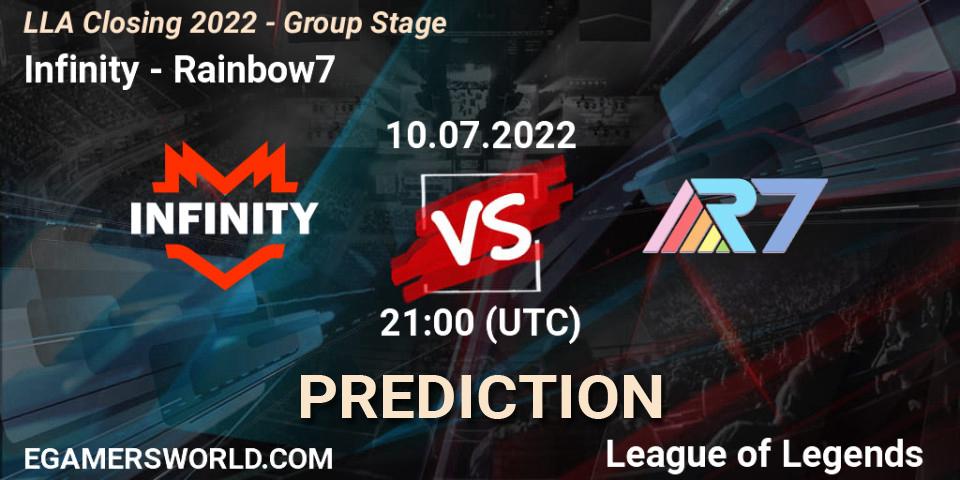 Infinity - Rainbow7: ennuste. 10.07.2022 at 21:00, LoL, LLA Closing 2022 - Group Stage