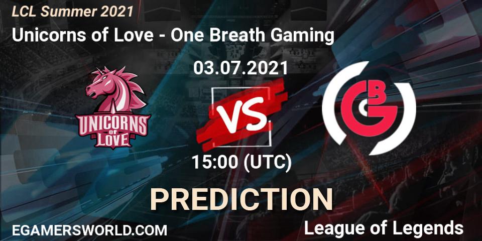 Unicorns of Love - One Breath Gaming: ennuste. 03.07.2021 at 15:00, LoL, LCL Summer 2021