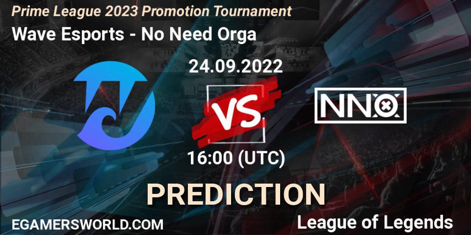 Wave Esports - No Need Orga: ennuste. 24.09.2022 at 16:00, LoL, Prime League 2023 Promotion Tournament