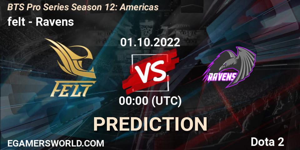felt - Ravens: ennuste. 01.10.2022 at 00:46, Dota 2, BTS Pro Series Season 12: Americas