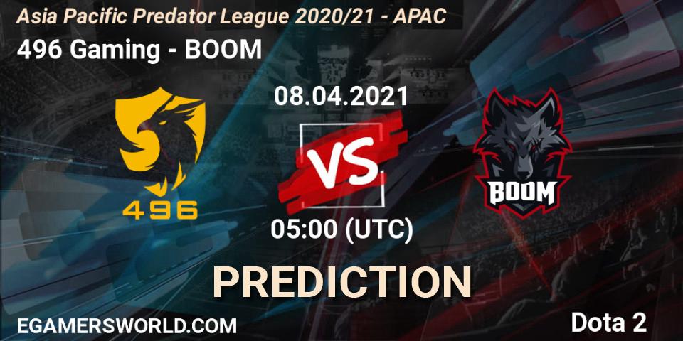 496 Gaming - BOOM: ennuste. 08.04.2021 at 05:20, Dota 2, Asia Pacific Predator League 2020/21 - APAC