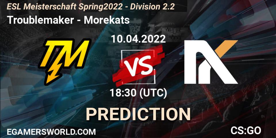 Troublemaker - Morekats: ennuste. 10.04.2022 at 18:30, Counter-Strike (CS2), ESL Meisterschaft Spring 2022 - Division 2.2