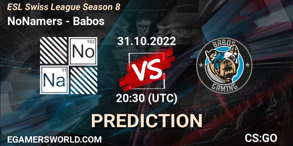 NoNamers - Babos: ennuste. 31.10.2022 at 20:30, Counter-Strike (CS2), ESL Swiss League Season 8