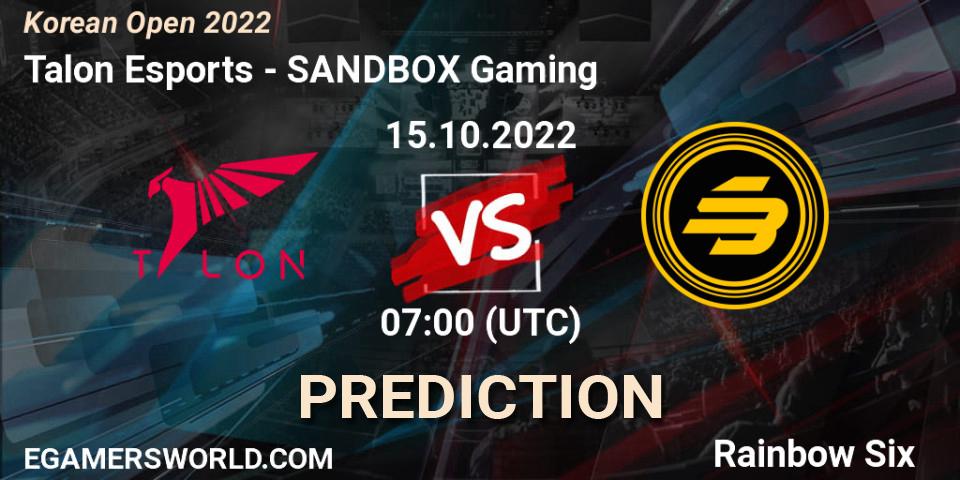 Talon Esports - SANDBOX Gaming: ennuste. 15.10.2022 at 07:00, Rainbow Six, Korean Open 2022