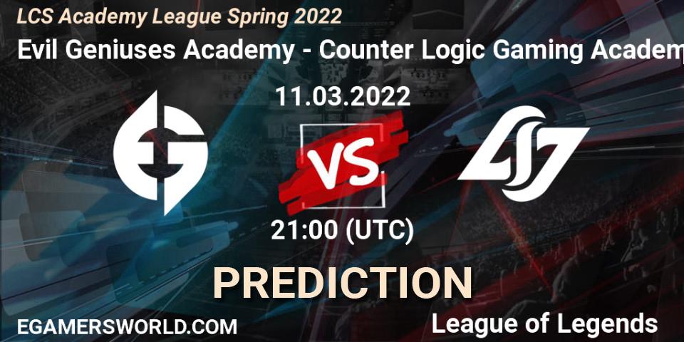 Evil Geniuses Academy - Counter Logic Gaming Academy: ennuste. 11.03.22, LoL, LCS Academy League Spring 2022