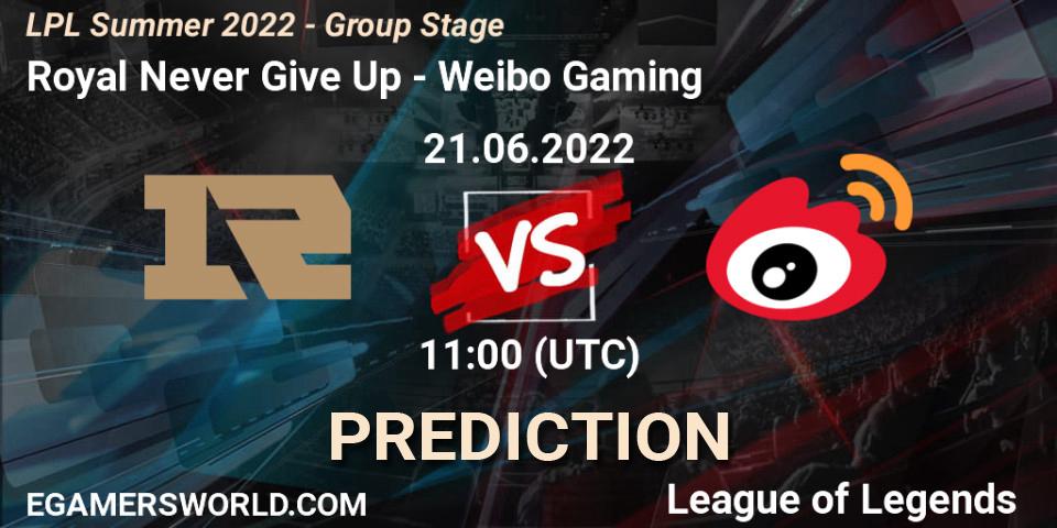 Royal Never Give Up - Weibo Gaming: ennuste. 21.06.2022 at 11:00, LoL, LPL Summer 2022 - Group Stage