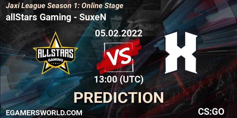 allStars Gaming - SuxeN: ennuste. 05.02.2022 at 13:00, Counter-Strike (CS2), Jaxi League Season 1: Online Stage