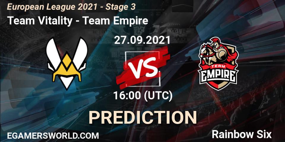 Team Vitality - Team Empire: ennuste. 27.09.2021 at 16:00, Rainbow Six, European League 2021 - Stage 3