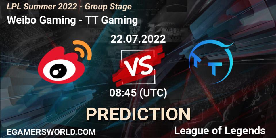 Weibo Gaming - TT Gaming: ennuste. 22.07.2022 at 09:00, LoL, LPL Summer 2022 - Group Stage