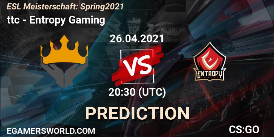 ttc - Entropy Gaming: ennuste. 26.04.2021 at 20:30, Counter-Strike (CS2), ESL Meisterschaft: Spring 2021