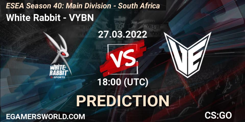 White Rabbit - VYBN: ennuste. 27.03.2022 at 18:00, Counter-Strike (CS2), ESEA Season 40: Main Division - South Africa