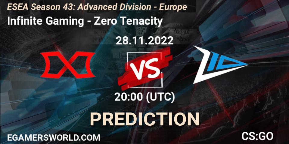 Infinite Gaming - Zero Tenacity: ennuste. 28.11.2022 at 20:00, Counter-Strike (CS2), ESEA Season 43: Advanced Division - Europe