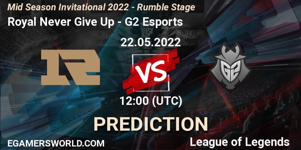 Royal Never Give Up - G2 Esports: ennuste. 22.05.2022 at 12:00, LoL, Mid Season Invitational 2022 - Rumble Stage