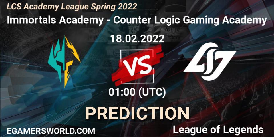Immortals Academy - Counter Logic Gaming Academy: ennuste. 18.02.2022 at 00:50, LoL, LCS Academy League Spring 2022