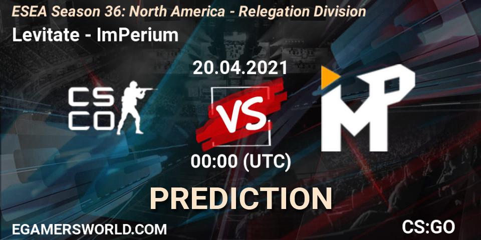 Levitate - ImPerium: ennuste. 20.04.2021 at 00:00, Counter-Strike (CS2), ESEA Season 36: North America - Relegation Division