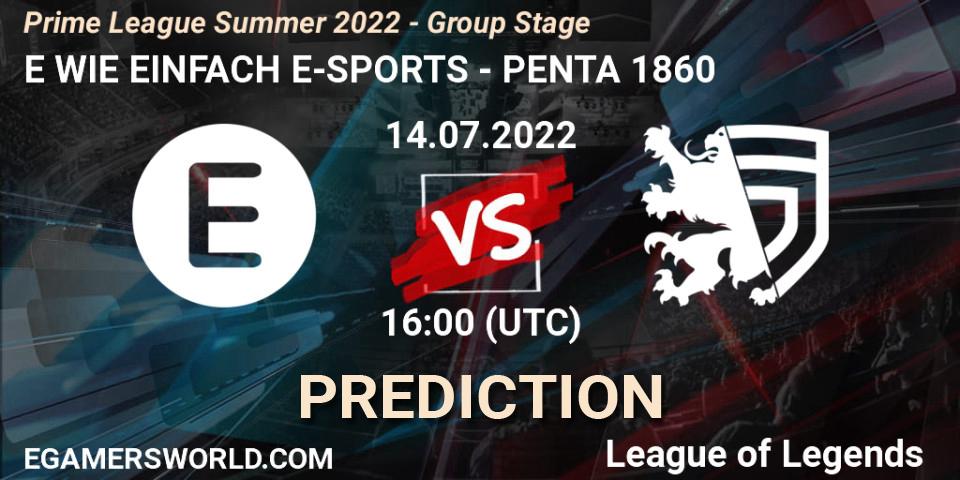E WIE EINFACH E-SPORTS - PENTA 1860: ennuste. 14.07.2022 at 16:00, LoL, Prime League Summer 2022 - Group Stage