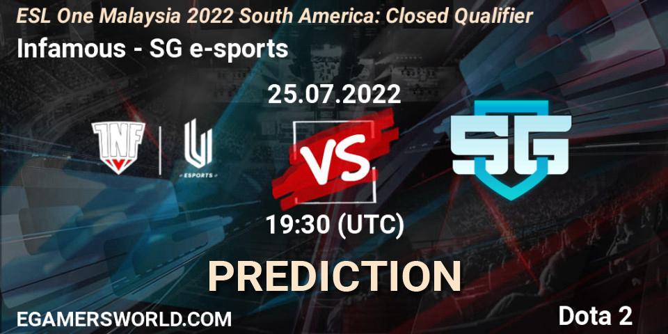 Infamous - SG e-sports: ennuste. 25.07.2022 at 19:33, Dota 2, ESL One Malaysia 2022 South America: Closed Qualifier