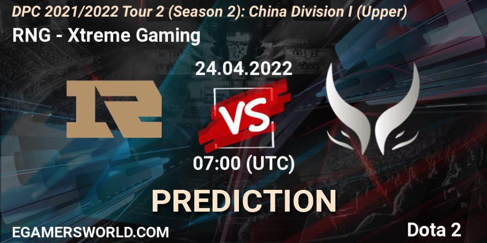 RNG - Xtreme Gaming: ennuste. 24.04.2022 at 07:03, Dota 2, DPC 2021/2022 Tour 2 (Season 2): China Division I (Upper)