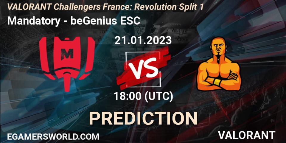 Mandatory - beGenius ESC: ennuste. 21.01.2023 at 18:00, VALORANT, VALORANT Challengers 2023 France: Revolution Split 1