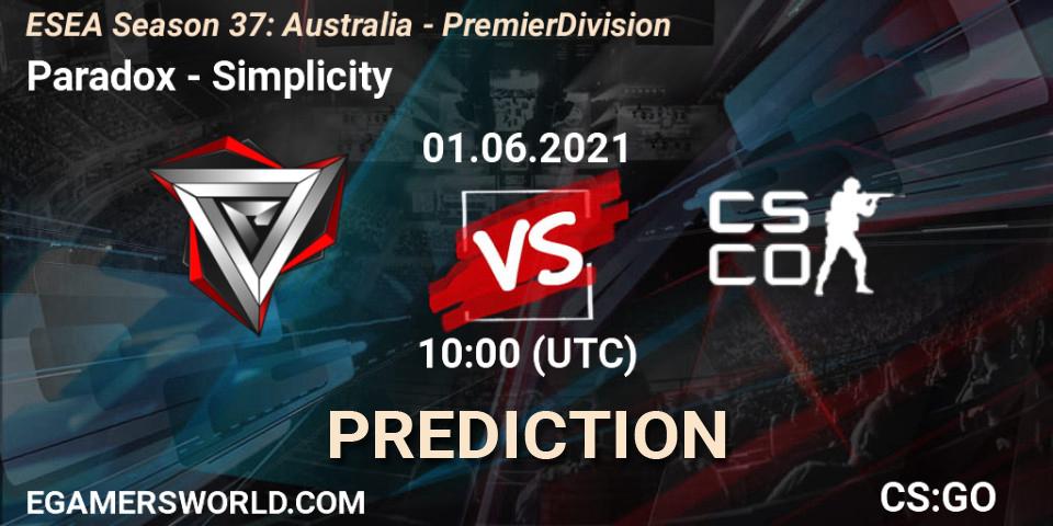 Paradox - Simplicity: ennuste. 01.06.2021 at 10:00, Counter-Strike (CS2), ESEA Season 37: Australia - Premier Division