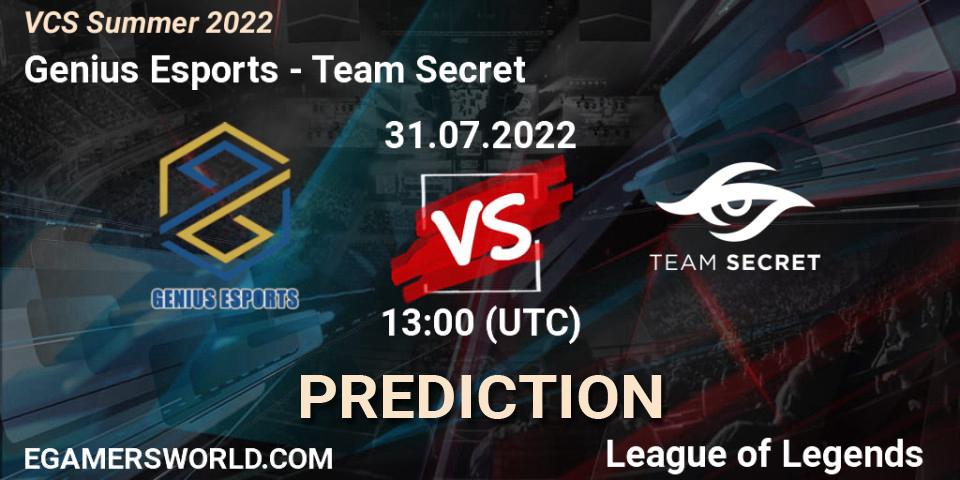 Genius Esports - Team Secret: ennuste. 31.07.2022 at 12:00, LoL, VCS Summer 2022