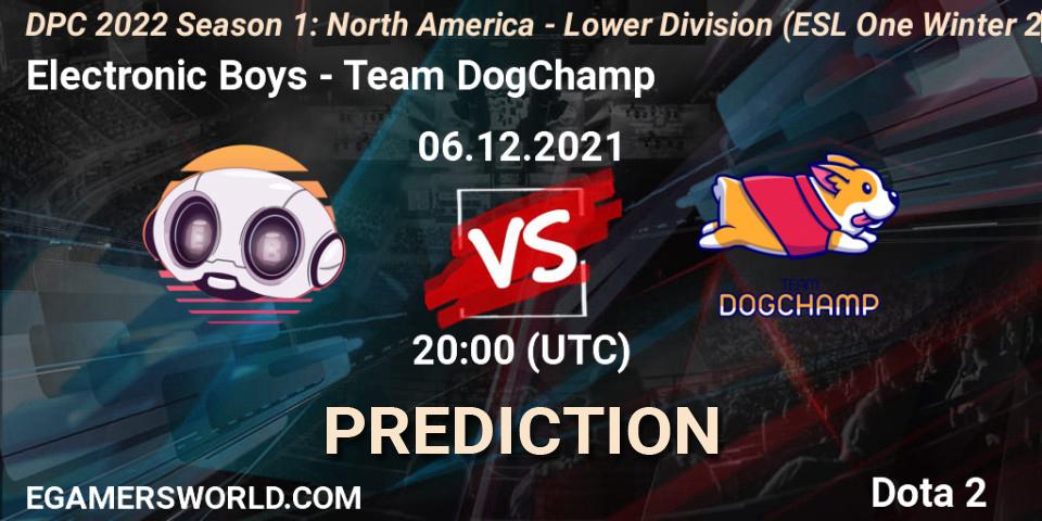 Electronic Boys - Team DogChamp: ennuste. 06.12.2021 at 19:57, Dota 2, DPC 2022 Season 1: North America - Lower Division (ESL One Winter 2021)