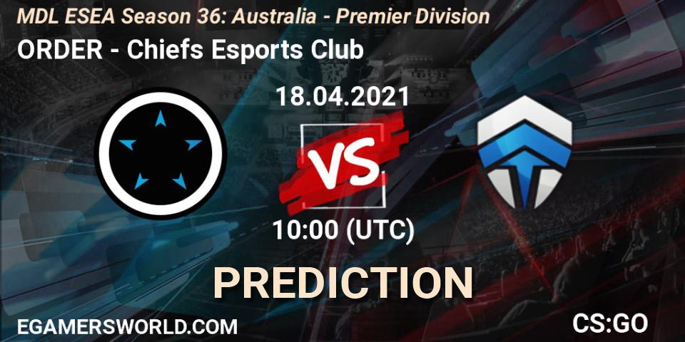 ORDER - Chiefs Esports Club: ennuste. 18.04.2021 at 10:00, Counter-Strike (CS2), MDL ESEA Season 36: Australia - Premier Division