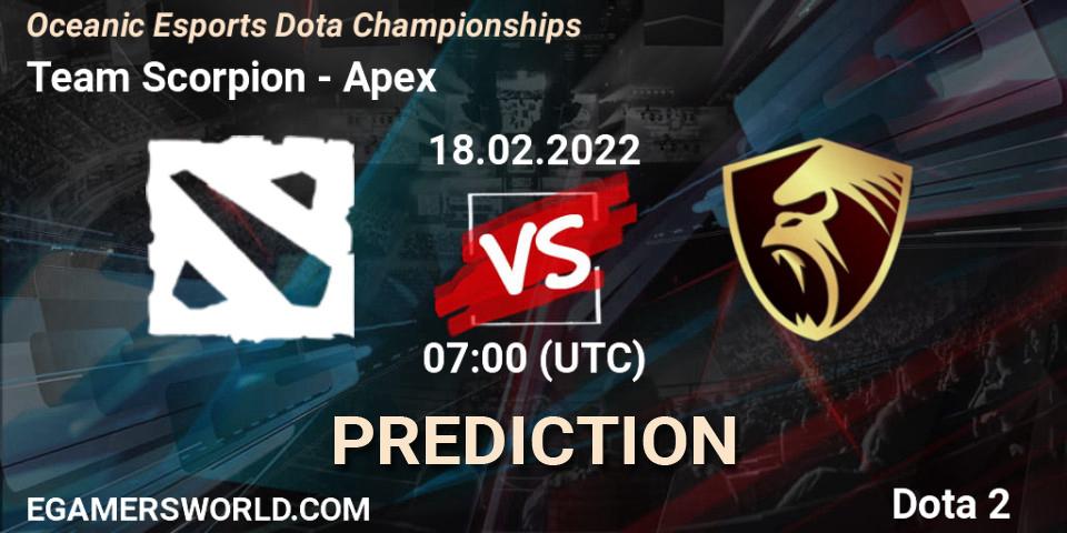 Team Scorpion - Apex: ennuste. 18.02.2022 at 07:18, Dota 2, Oceanic Esports Dota Championships