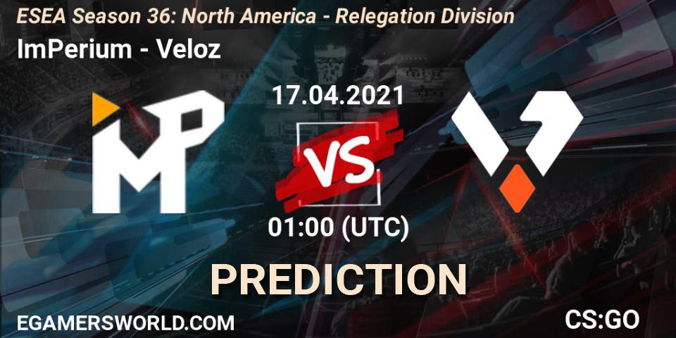 ImPerium - Veloz: ennuste. 17.04.2021 at 01:00, Counter-Strike (CS2), ESEA Season 36: North America - Relegation Division
