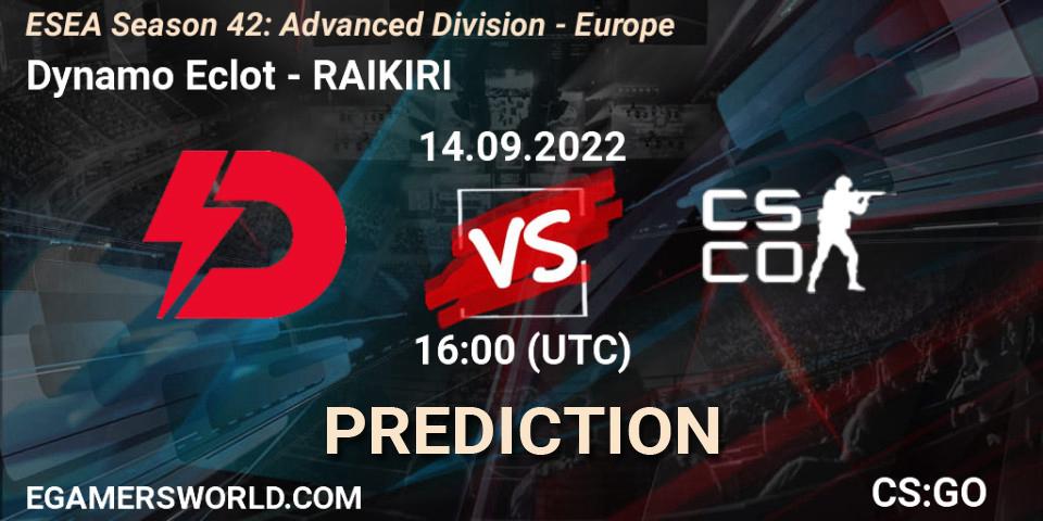 Dynamo Eclot - RAIKIRI: ennuste. 14.09.2022 at 16:00, Counter-Strike (CS2), ESEA Season 42: Advanced Division - Europe