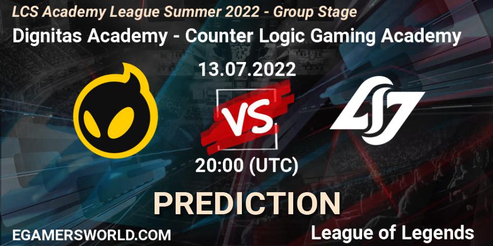 Dignitas Academy - Counter Logic Gaming Academy: ennuste. 13.07.22, LoL, LCS Academy League Summer 2022 - Group Stage