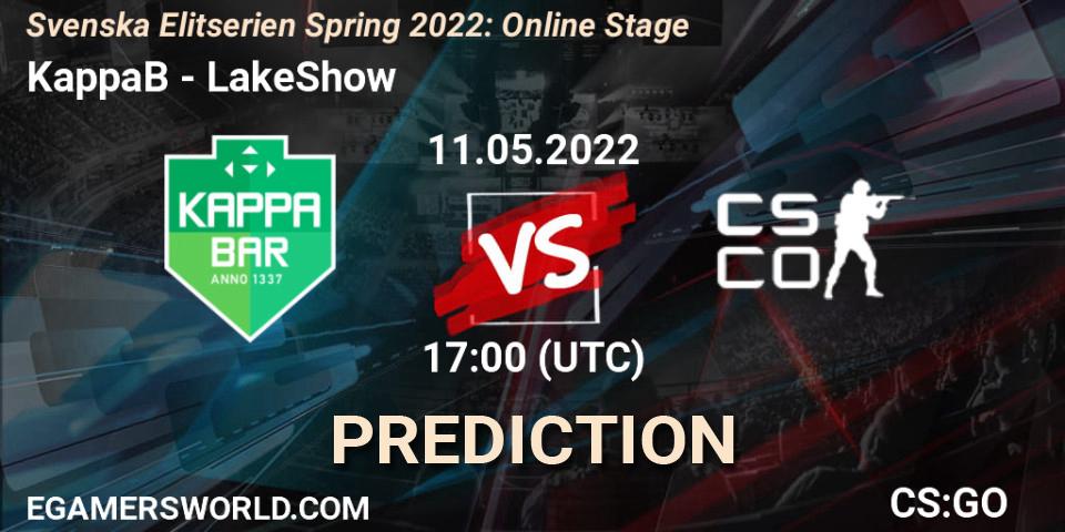 KappaB - LakeShow: ennuste. 11.05.2022 at 17:00, Counter-Strike (CS2), Svenska Elitserien Spring 2022: Online Stage