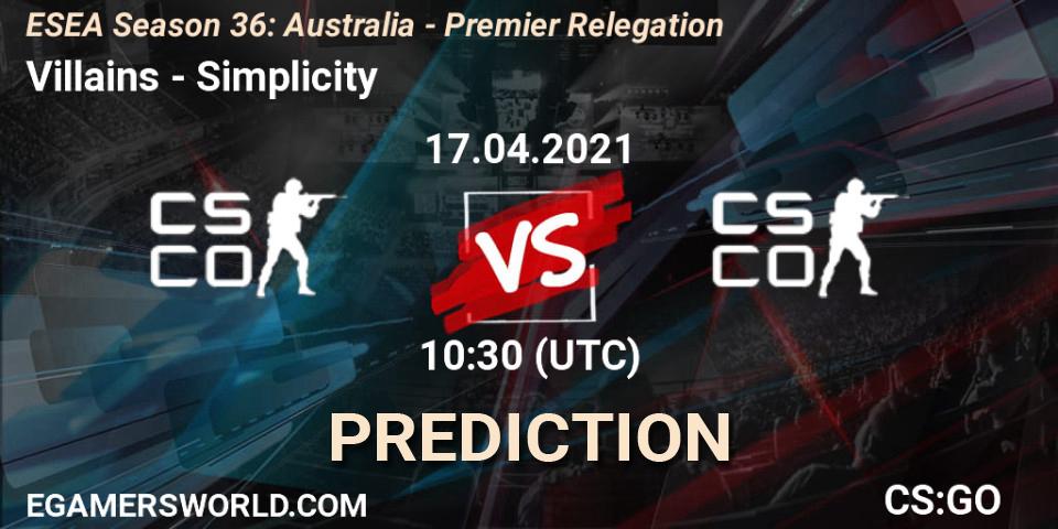Villains - Simplicity: ennuste. 17.04.2021 at 10:30, Counter-Strike (CS2), ESEA Season 36: Australia - Premier Relegation