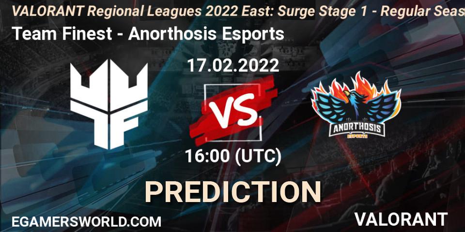 Team Finest - Anorthosis Esports: ennuste. 17.02.2022 at 16:00, VALORANT, VALORANT Regional Leagues 2022 East: Surge Stage 1 - Regular Season