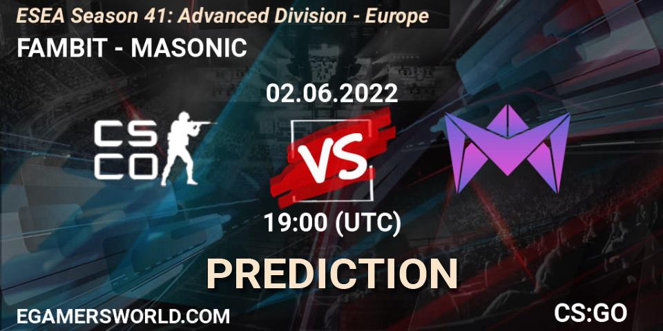 FAMBIT - MASONIC: ennuste. 02.06.2022 at 19:00, Counter-Strike (CS2), ESEA Season 41: Advanced Division - Europe