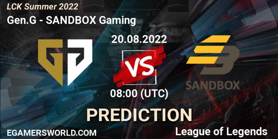 Gen.G - SANDBOX Gaming: ennuste. 20.08.2022 at 08:00, LoL, LCK Summer 2022