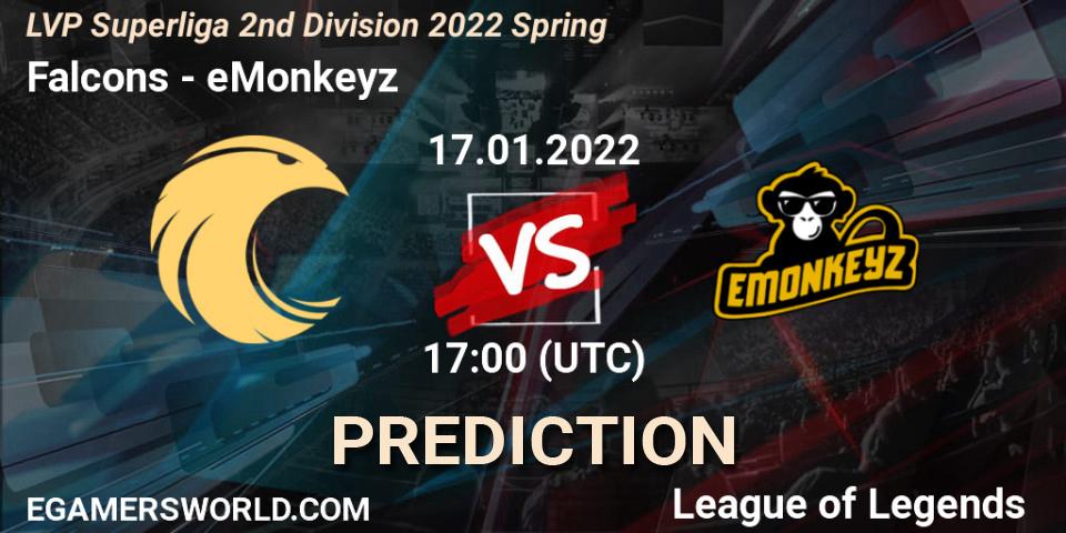 Falcons - eMonkeyz: ennuste. 18.01.2022 at 17:00, LoL, LVP Superliga 2nd Division 2022 Spring