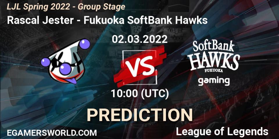 Rascal Jester - Fukuoka SoftBank Hawks: ennuste. 02.03.2022 at 10:00, LoL, LJL Spring 2022 - Group Stage
