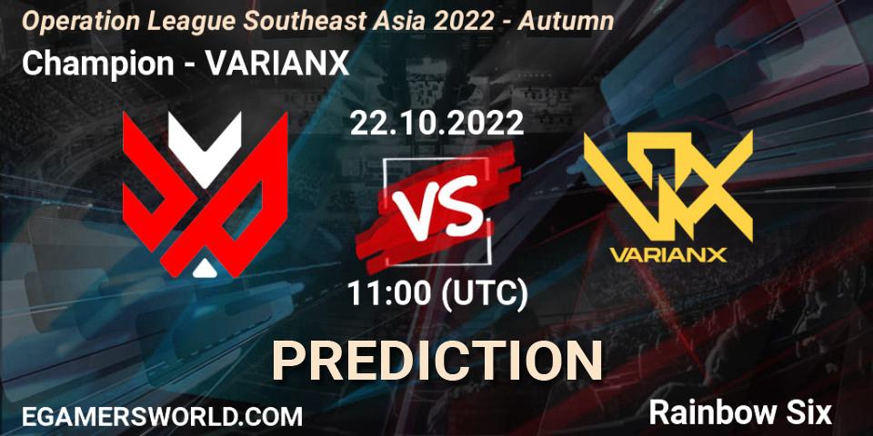 Champion - VARIANX: ennuste. 22.10.2022 at 11:00, Rainbow Six, Operation League Southeast Asia 2022 - Autumn