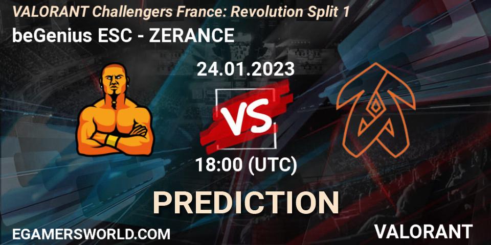 beGenius ESC - ZERANCE: ennuste. 24.01.2023 at 18:10, VALORANT, VALORANT Challengers 2023 France: Revolution Split 1