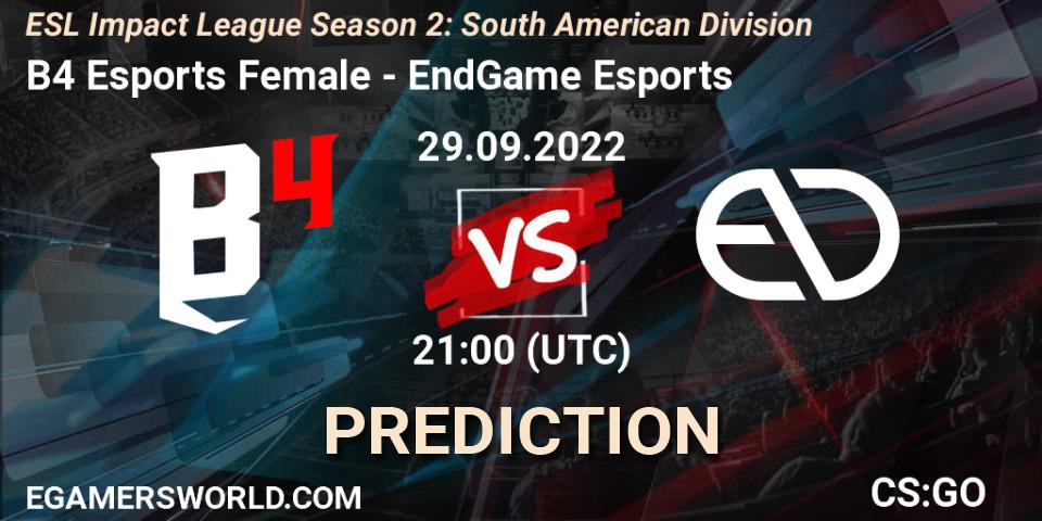 B4 Esports Female - EndGame Esports: ennuste. 29.09.2022 at 21:00, Counter-Strike (CS2), ESL Impact League Season 2: South American Division