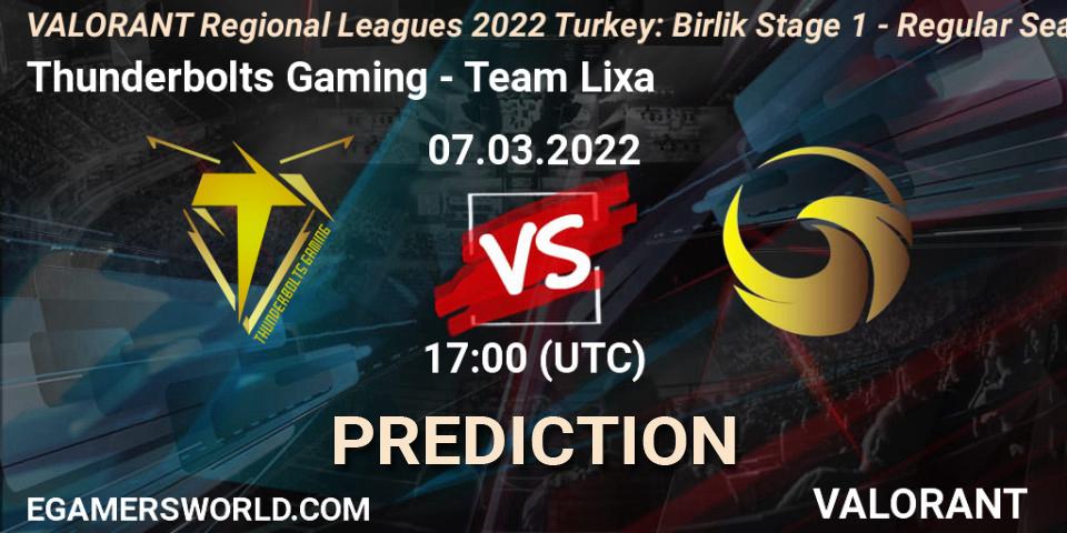 Thunderbolts Gaming - Team Lixa: ennuste. 07.03.2022 at 16:40, VALORANT, VALORANT Regional Leagues 2022 Turkey: Birlik Stage 1 - Regular Season