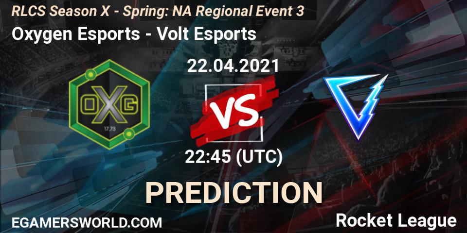 Oxygen Esports - Volt Esports: ennuste. 22.04.2021 at 22:45, Rocket League, RLCS Season X - Spring: NA Regional Event 3
