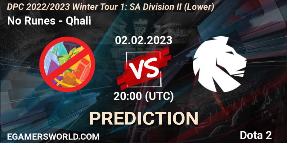 No Runes - Qhali: ennuste. 02.02.23, Dota 2, DPC 2022/2023 Winter Tour 1: SA Division II (Lower)