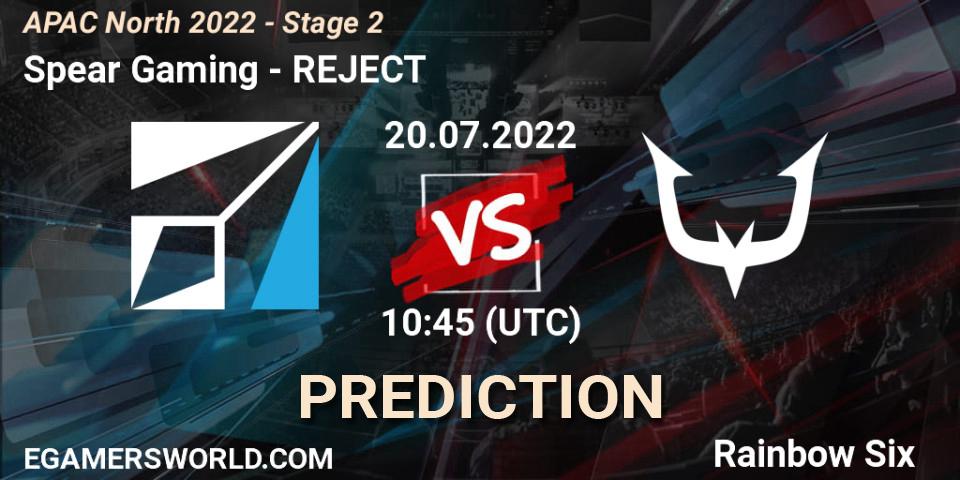 Spear Gaming - REJECT: ennuste. 20.07.2022 at 10:45, Rainbow Six, APAC North 2022 - Stage 2