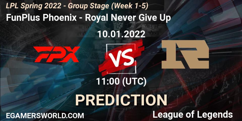 FunPlus Phoenix - Royal Never Give Up: ennuste. 10.01.2022 at 11:00, LoL, LPL Spring 2022 - Group Stage (Week 1-5)